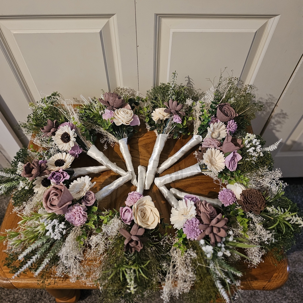 Bridal Bridesmaid Bouquets in Mauve, Cream,lavender & Green. Sola wood Flowers